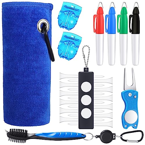 Sumind 22 Pcs Golf Accessories Kit Golf Essentials Club Cleaning Kit for Men Include Cleaning Brush Towel Marking Pen Line Marker Tee Holder with Tee Repair Divot Tool for Christmas Ideal Gift(Blue)