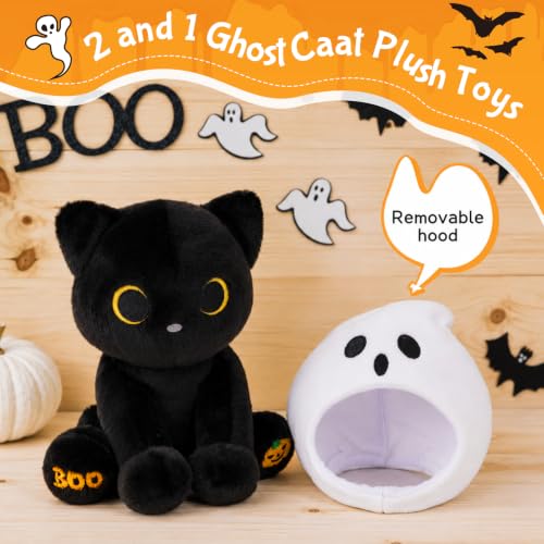 Image of Halloween Cat Stuffed Animal in Spooky Ghost Hood | 8inch Halloween Stuffed AnimalGhost Plushie with BOO & Pumpkin Paw, Halloween Basket Stuffers Gifts