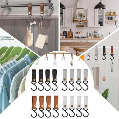 16 Stück S Haken mit Lederschlaufe Haken zum Einhängen für Kleiderstange, S-förmige Leder Camping Haken, 16 x 2cm Multifunktions Leder Haken für Mantel, Handtuch, Küche, Badezimmer (4 Farben-01)