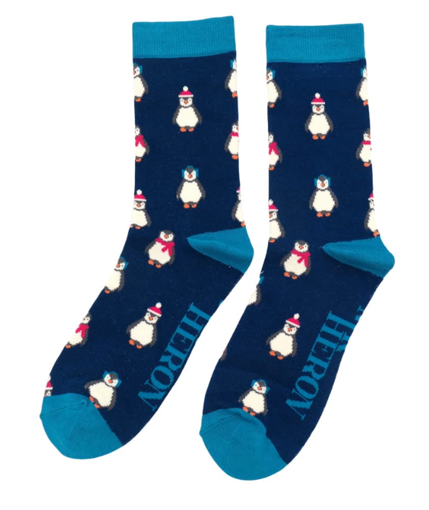 Lilyrosa Men's Blue Winter Penguin Socks One Size 7-11 Bamboo Blend Crew Mid Calf 1 Pair Navy