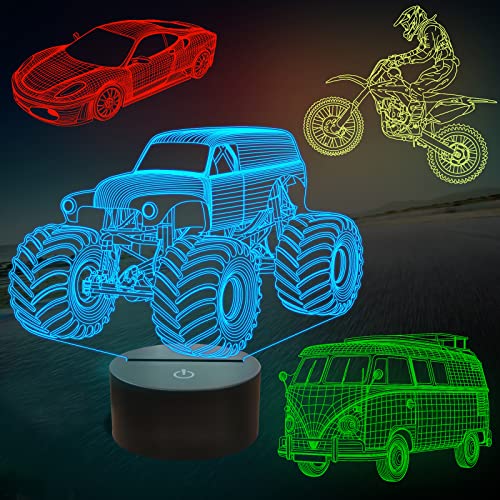 FULLOSUN Monster Truck Gifts, Car, Dirt Bike 3D Night Light for Kids (4 Patterns) with Remote Control & 16 Colors Changing & Dimmable Function & Gift Wrap, Xmas Birthday Gifts for Boy Girl (KIT1)