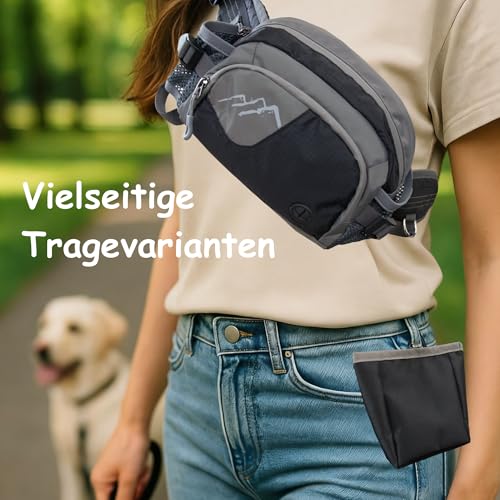 Hundetasche Bauchtasche mit Leckerli-Tasche & 2 Wasserflaschenhalter, Leichte Futterbeutel Hunde mit Kotbeutelspender, Gürteltasche Hüfttasche verstellbar, 2-in-1 für Gassi, Training, Wandern, Schwarz