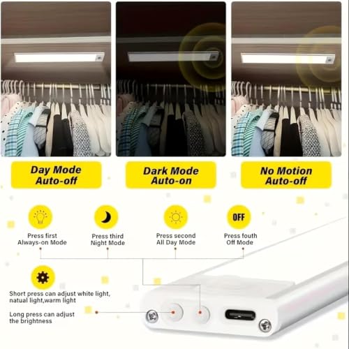Image of COVACURE Under Cabinet Lights Rechargeable, 3 Color Modes Wireless Rechargeable Closet Light, Super Bright Stick-on Magnetic Light Bars for Kitchen, Under Cabinet LED Light (Magnetic 20CM, 2 Pcs)
