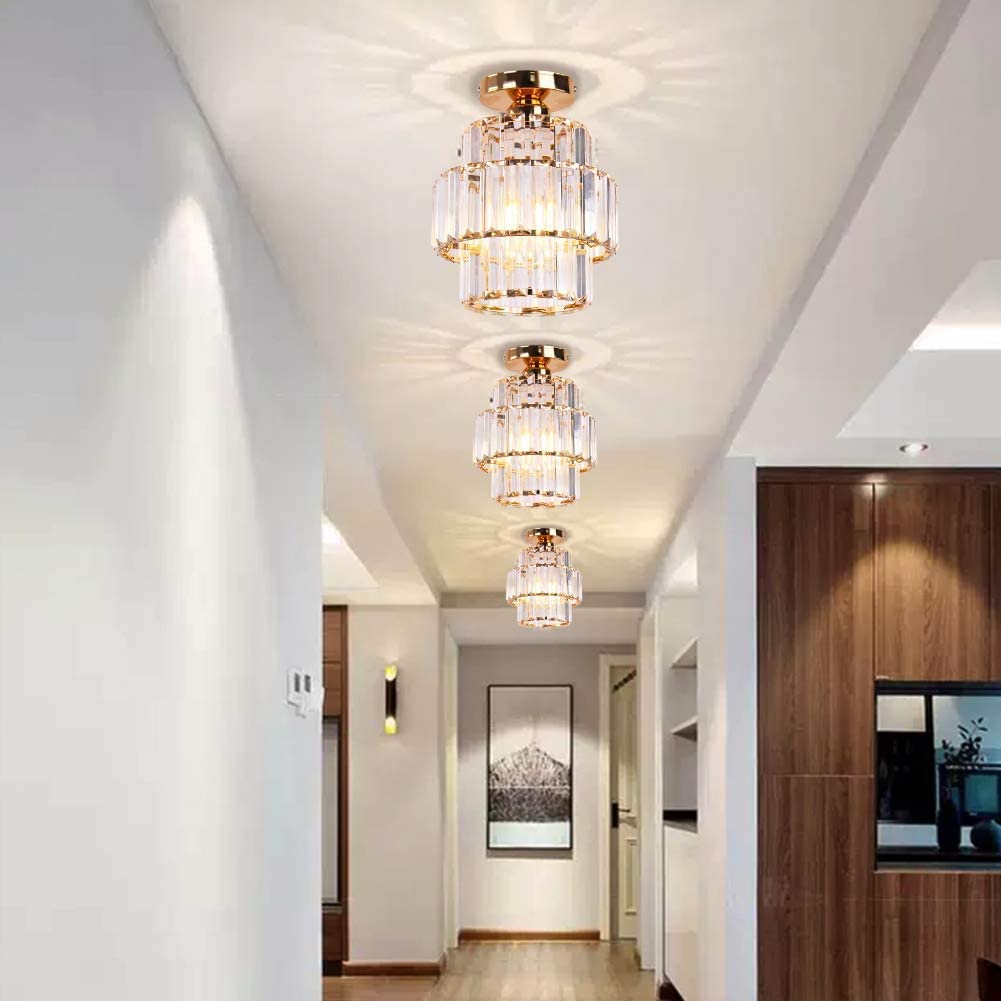 Mini lustre en cristal lustre encastré plafonnier double couche de cristal moderne lustre luminaire Chambre couloir Bar cuisine salle de bain (or)