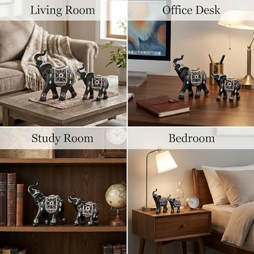 Image of Kuber Industries Set of 2 Elephant Figurines Idol for Home Decor | 6x5.5 Inch Resin Vastu Wealth, Prosperity Gift for Diwali & Housewarming | Black & Golden