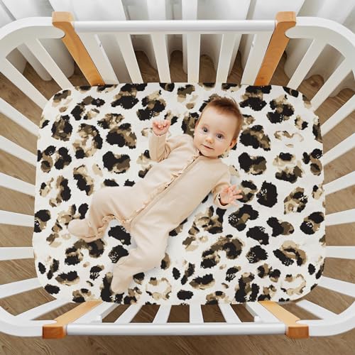 Image of CaTaKu Mini Crib Sheets Fitted for Girls Boys Leopard Cheetah Animals Baby Crib Sheets, Neutral Mattress Sheets Nursery Toddler Bed Sheets 28 inchx 52 inch