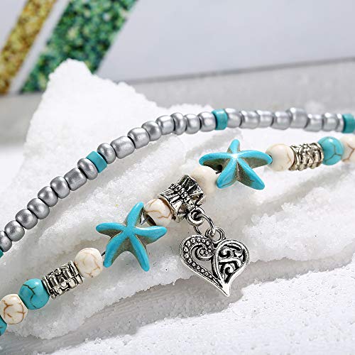 Image of Softones Blue Starfish Turtle Anklet Multilayer Charm Beads Sea Handmade Boho Anklet Foot Jewelry for Women