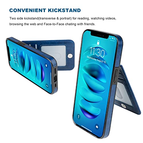 Image of KIHUWEY for iPhone 13 Case Wallet Compatible with MagSafe Wireless Charging, Credit Card Holder, RFID Flip Leather Magnetic Clasp Kickstand Heavy Duty Protective Cover 6.1 Inch (Blue)