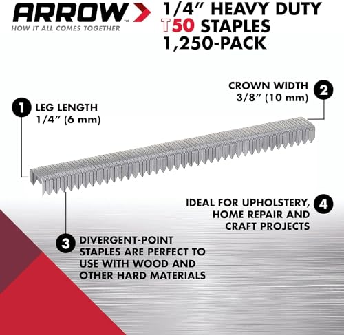 Image of Arrow 504 T50 Heavy Duty Staples, 1 /4-Inch Leg Length, 3 /8-Inch Crown Width Staples for Upholstery, Construction, Furniture, Crafts, 1250-Pack