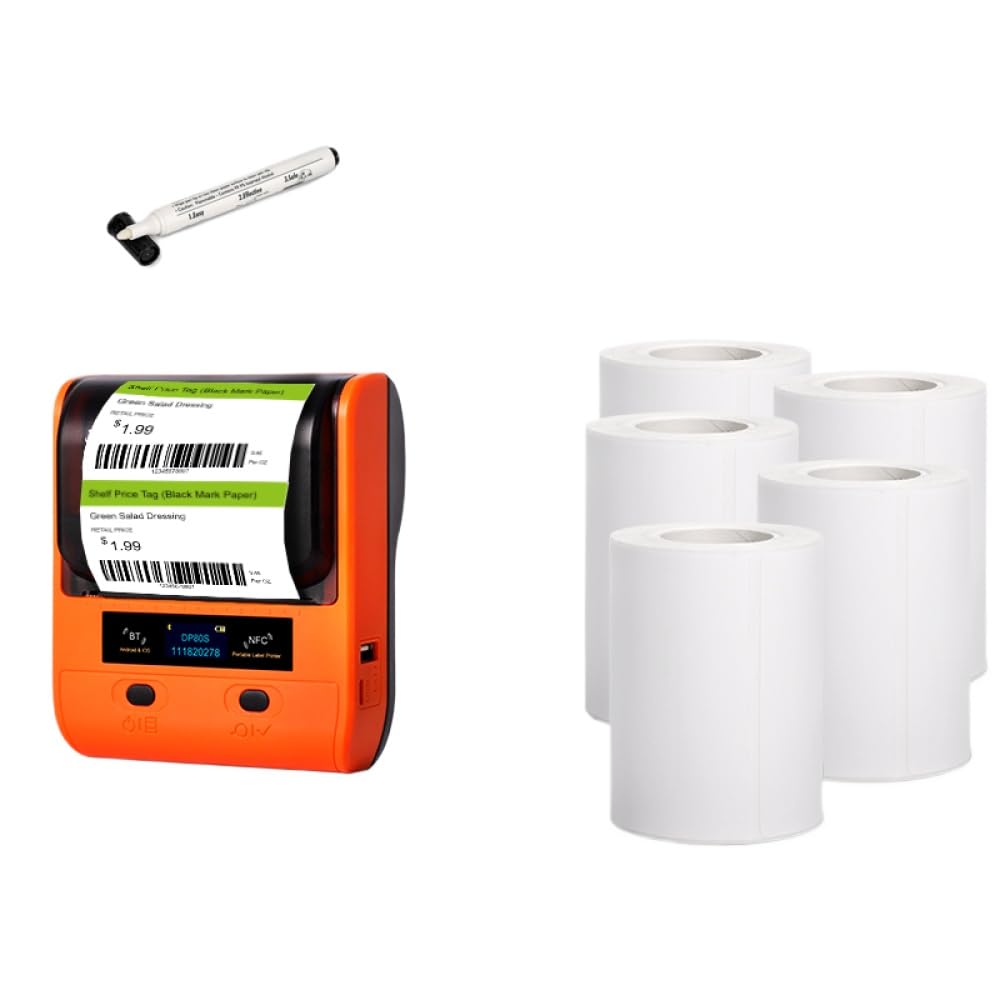 DETONGER DP80S przenośna drukarka termiczna 30-80 mm z kodami kreskowymi Bluetooth do urządzeń z systemem Android, kompatybilna z drukowaniem mobilnym (tylko 5 rolek 70 x 40 mm)