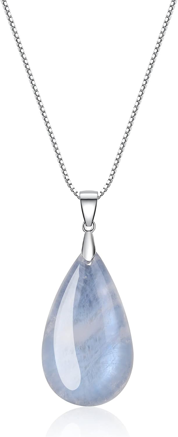 COAI 925 Sterling Silver Teardrop Gemstone Necklace for Women, Moonstone/Labradorite/Aquamarine/Apatite Crystal