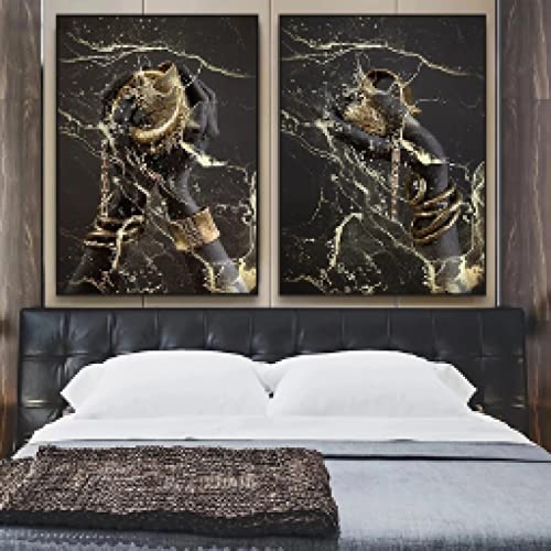 Peinture Femme Africaine Toile Main Noire Bijoux Or Affiche Murale 70x100cm