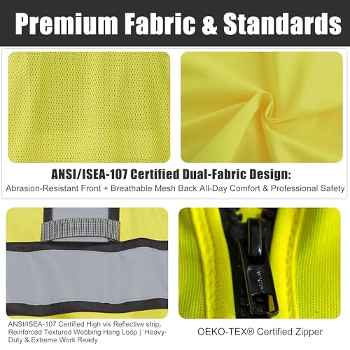 Image of A-SAFETY High Vis Reflective Safety Vest for Men Women Zipper Ipad Pockets Mesh Construction Apparel Neon Vest for Work