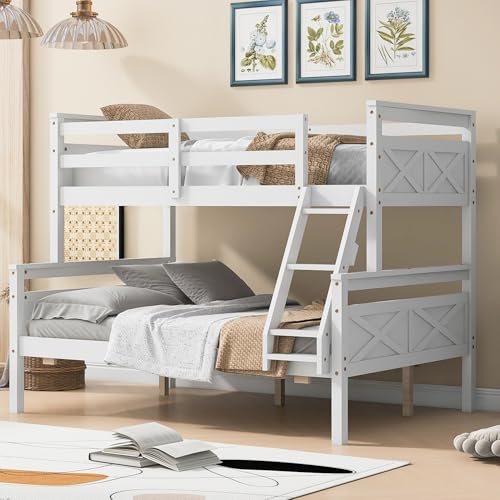 Merax Wooden Bunk Bed,Twin Over Full Bunk Bed with Ladder,Safety Guardrail,Can Be Separated into 2 Beds,Perfect for Bedroom,White
