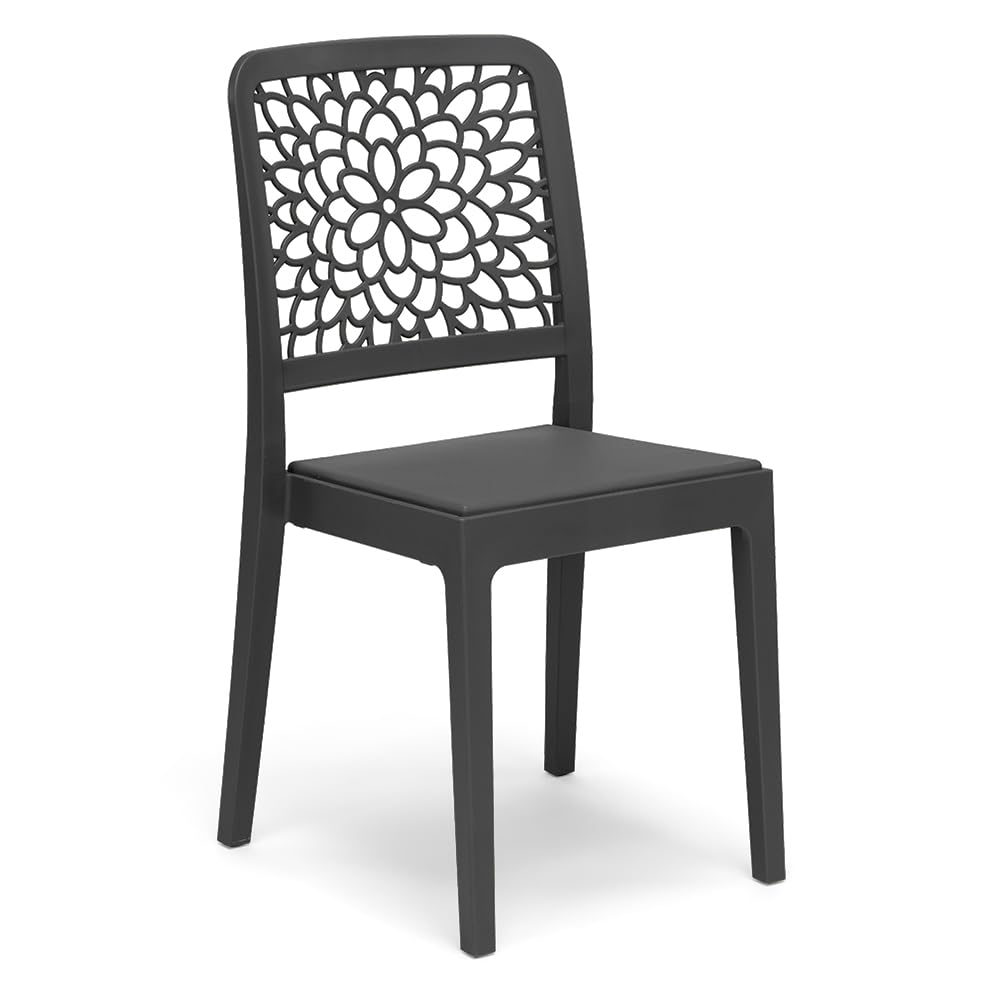 Set 6 sedie in polipropilene TICHE, MADE IN ITALY, impilabile, idrorepellente, resistenza raggi UV, design moderno floreale per sala da pranzo, cucina, bar, ristoranti, esterno (6, Antracite)