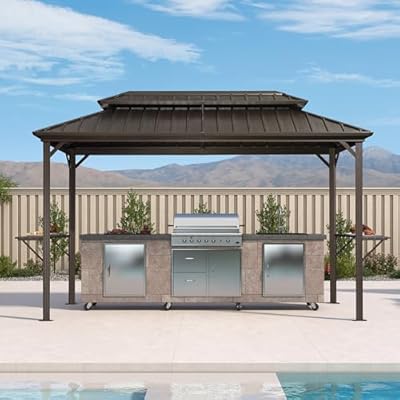 PURPLE LEAF 6.5' X 12' Hardtop Grill Gazebo for Patio Permanent Metal Roof with 2 Side Shelves Deck Yard Tent Aluminum Garden Outside Sun Shade Outdoor BBQ Canopy