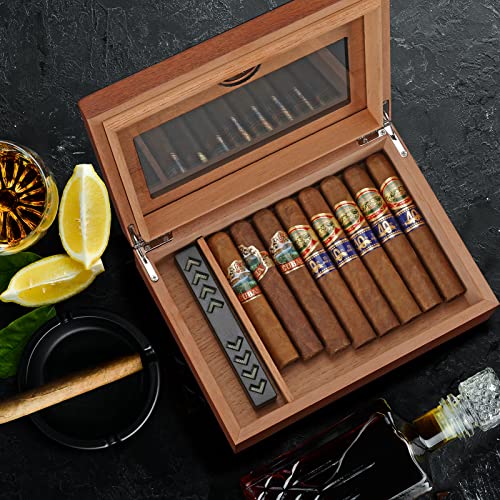 Tisfa Cigar Humidor, Glass Top Cigar Box With Hygrometer Humidifier And Divider, Desktop Cedar Wood Storage Case Holds 20-30 Cigars #TOP4