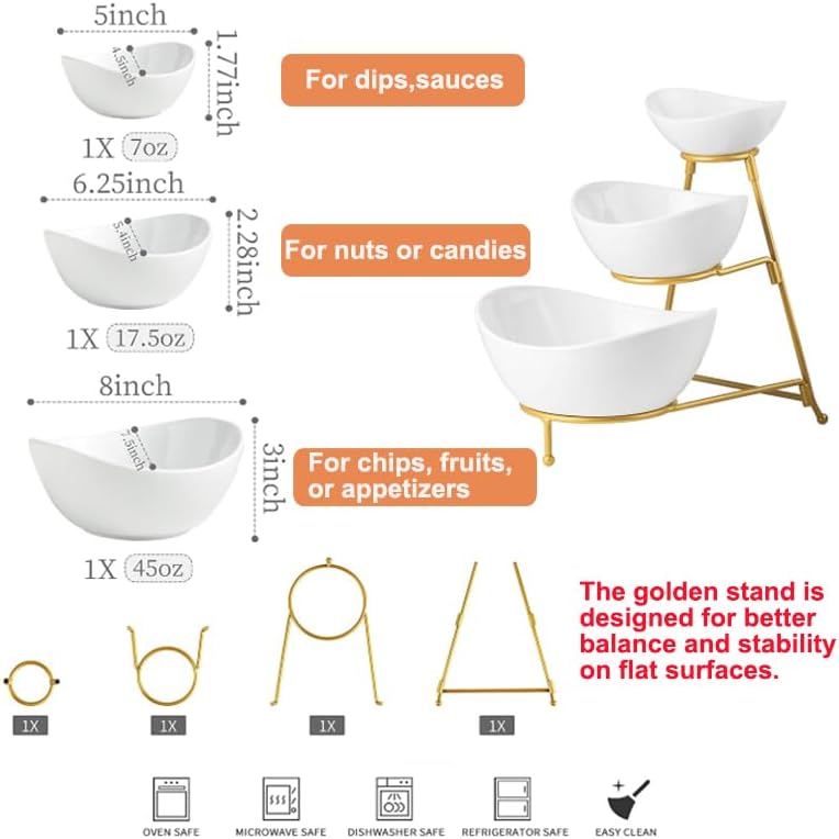 3 Tier Serving Bowls with Stand, Chips and Dip Serving Dishes Set for Entertaining Party, Ceramic Fruit Bowl for Salad Soup Snacks, Microwave & Dishwasher Safe