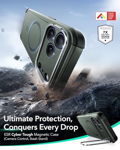 Image of ESR for iPhone 17 Pro Max Phone Case with Stand, 23ft Military-Grade Drop Protection with Camera Control, Shock-Absorbing Rugged Cover, Compatible with MagSafe Accessories, Cyber Series, Green