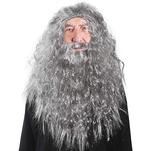 NUMJAW Grey Wizard Wig & Beard Set - Long, Wavy Synthetic Hair - One Size Fits All - Halloween Costume Accessory