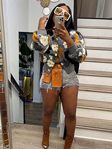 KANSOON Bomber Jacket Women Cropped Floral Button Down Varsity Jacket Long Sleeve Casual Streetwear Fall Winter Warm Coat2