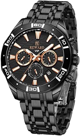 REWARD Mens Watches Business Stopwatch Stainless Steel Waterproof Date Analog Quartz Watch Sport Wrist Watches for Man (Black)