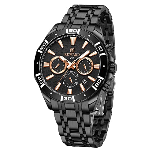 Reward Mens Watches Business Stopwatch Stainless Steel Waterproof Date Analog Quartz Watch Sport Wrist Watches For Man (Black) #TOP2