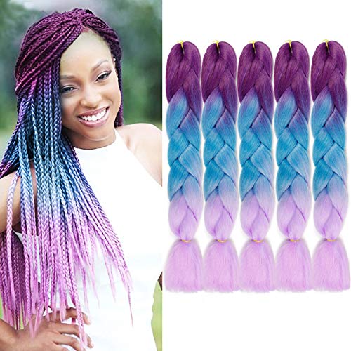5Packs/Lot Ombre Braiding Hair 24 Inch Kanekalon Jumbo Braiding Hair Synthetic Twist Braids Fiber Hair Extensions(Purple-Lake Blue-Light Purple)