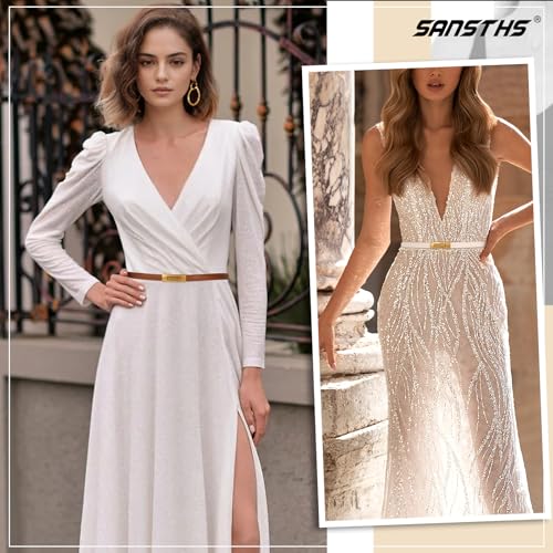 SANSTHS 2 Pack Thin Ladies Waist Belt for Dresses Jeans Pants, Skinny Womens Belt with Antique Gold Buckle