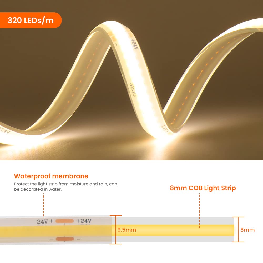 Tira LED COB 20m, 24V Tira de luz LED Impermeable IP68, 320LEDs/m Tira LED Blanca Cálida Flexible súper brillante,cadena de luces LED de 2 hilos para acuario(No incluye fuente de alimentación)
