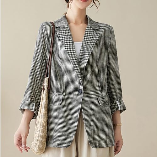 MINTLIMIT Womens Linen Blazer Summer Long Sleeve Lapel Button Work Office Jackets Casual Plaid Blazers with Pockets2