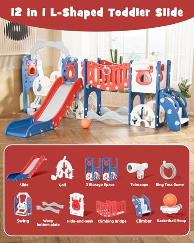 Image of XJD 12-in-1 Toddler Slide and Swing Set, Kids Slide for Toddlers Age 1+, Toddler Outdoor Playset New Upgrade with Golf Set, Basketball Hoop, Drawing Board for Playground (Blue Red)