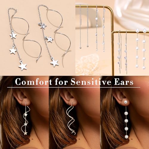 HAIAISO 8 Pairs Threader Dangle Earrings for Women 316L Stainless Steel Chain Tassel Earring Lightweight Double Twist Wave Threader Drop Earring Long Chain Earrings Set4