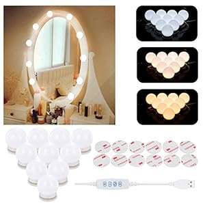 Aourow Lampe de maquillage LED avec interrupteur et 10 ampoules à intensité variable, style hollywood, câble USB, lumière 6 niveaux luminosité 5 modes couleur Blanc Cassé 1
