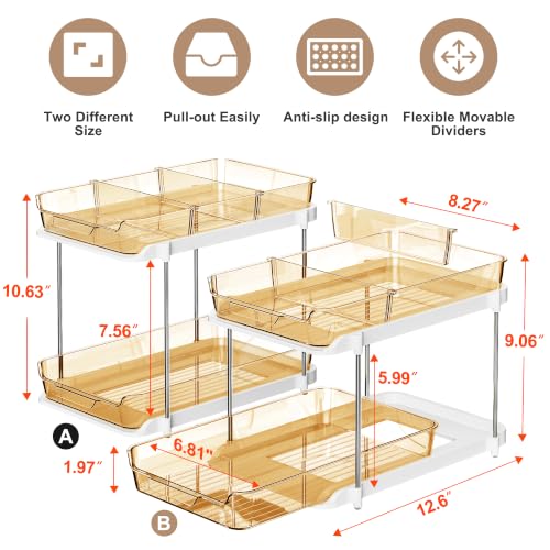 Image of Delamu 2-Tier Multi-Purpose Bathroom Under Sink Organizers and Storage, Stackable Kitchen Pantry Organization, Pull Out Medicine Cabinet Organizer with Movable Dividers, Golden, 2 Pack