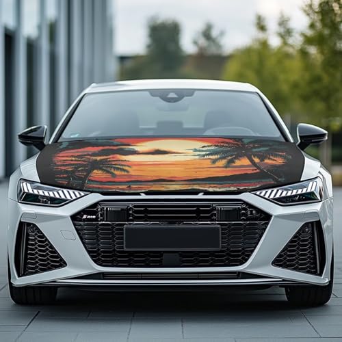 Image of Car Hood Cover Protector,Waterproof Snowproof Print Hood Covers for Cars,Universal Accessories for Decoration Coconut Tree Pattern Design