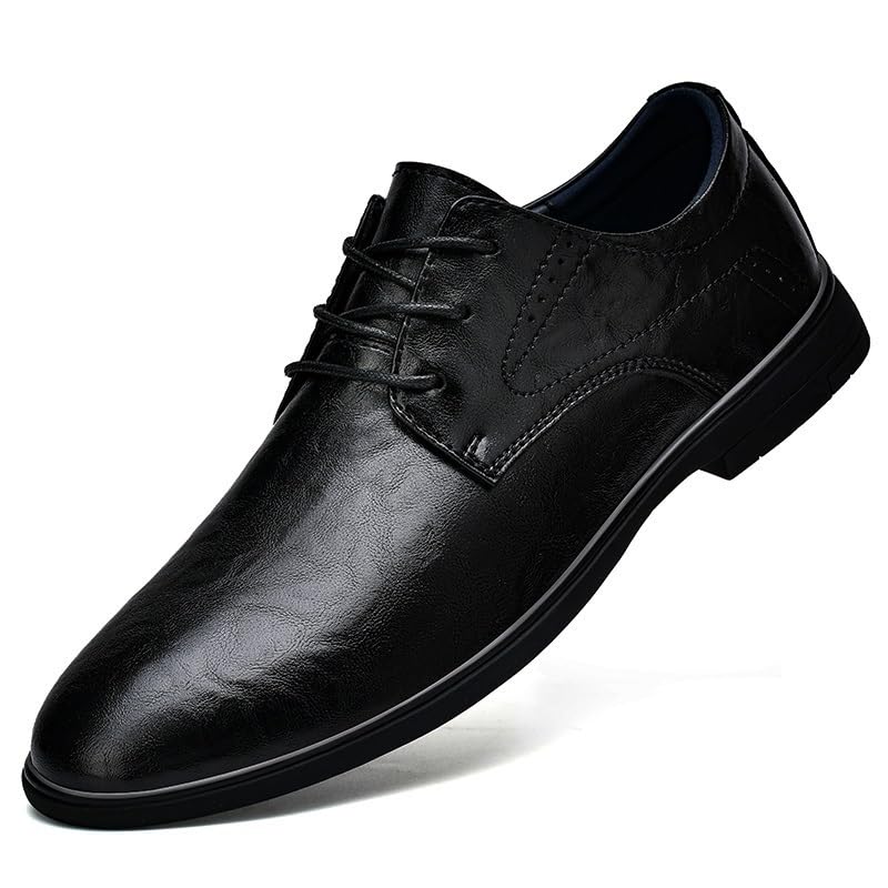 Mens Genuine Leather Oxford Dress Shoes Lace Up Plain Toe Non Slip Rubber Sole Low Top Block Heel Uniform Shoes for Work and Formal Events