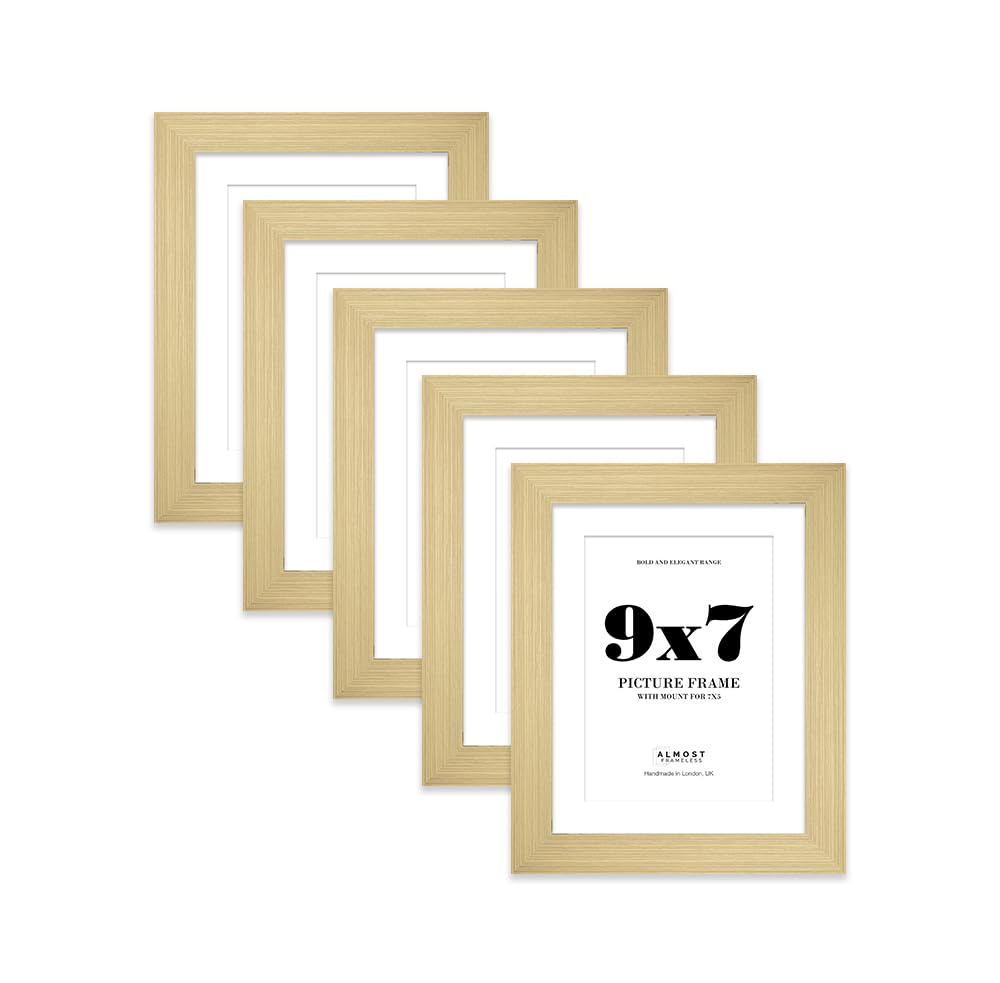 9x7" Gold Frame With Mount for 7x5" Pictures 28mm Edge Portrait and Landscape Display with Wall Hooks and Kickstand, 5 Pack