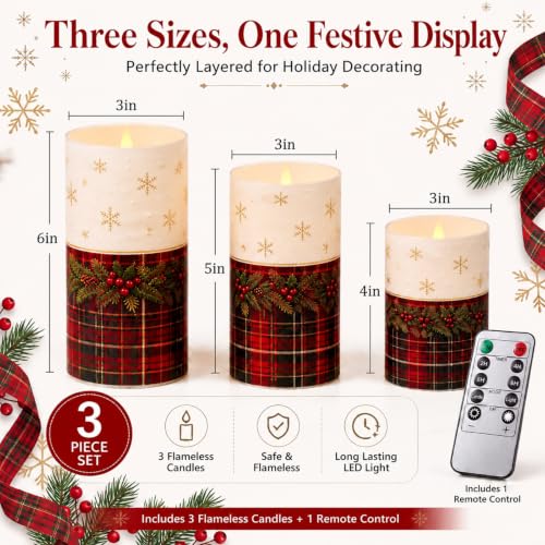 Image of Tujoe 3 Pcs Christmas Tartan Plaid Flameless Candles LED Pillar Candle