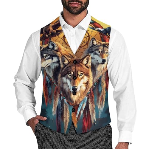 Wolf Dreamcatchers Suit Vest for Men Slim Fit Tuxedo Waistcoat Button Down V Neck Business Dress Coat