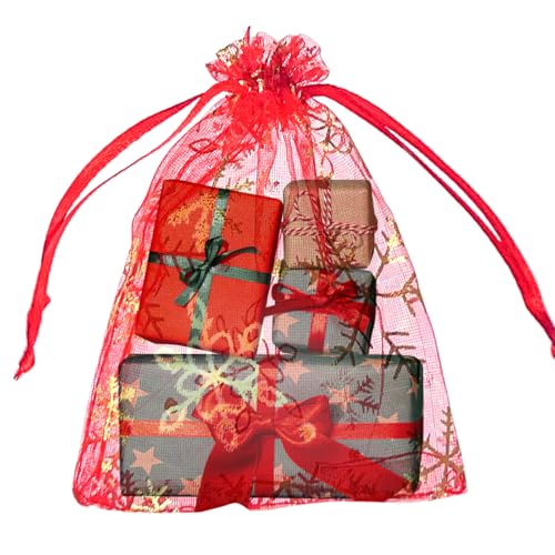 Image of YHJZ 50PCS Snowflake Organza Bags, 4x6 inches Small Christmas Gift Bags with Drawstring, Mesh Bags for Gift (Red Christmas)