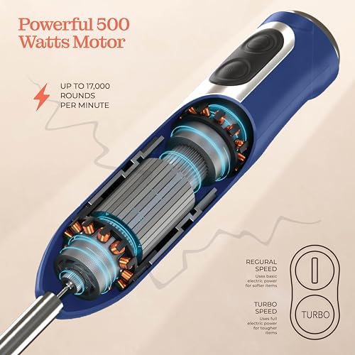 Image of Powerful Immersion Blender, Electric Hand Blender 500 Watt with Turbo Mode, Detachable Base. Handheld Kitchen Blender Stick for Soup, Smoothie, Puree, Baby Food, 304 Stainless Steel Blades