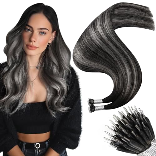 Image of Moresoo Nano Loop Hair Extensions, Black to Silver Balayage, 18 Inch | 50g 50 strands, long straight texture, individual nano loop placement for parties, evening looks and added length