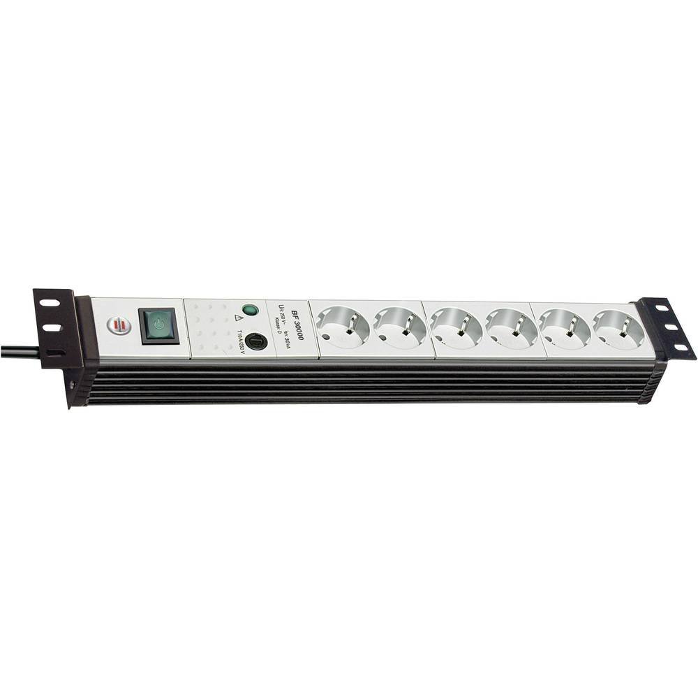 Brennenstuhl Premium-Line, Steckdosenleiste 6-fach mit Überspannungsschutz (3m Kabel und mit Schalter - in 19" Format, Made in Germany) schwarz/grau