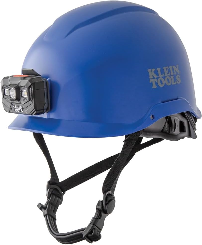 Klein Tools60148 Safety Helmet, Non-Vented, Rechargeable Headlamp, Tested to Tough Industrial Hard Hat Safety Standards, Blue