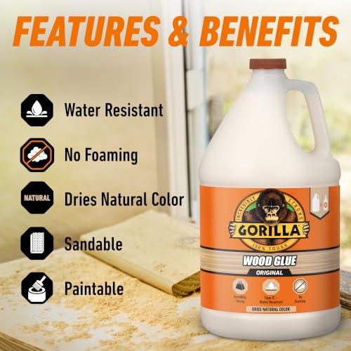 Image of Gorilla Wood Glue, Natural Wood Color, 1 Gallon Bottle (Pack of 1) - Water Resistant for Indoor or Outdoor Projects and Repairs