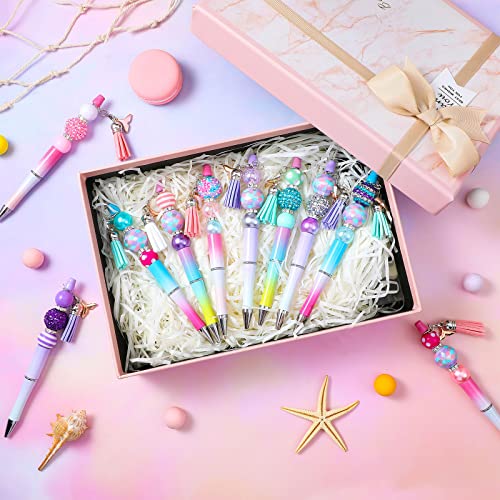 Jutom 12 Pcs Mermaid Beadable Pens DIY Pens Making Kit with Assorted Focal Beads Tassels Pendants DIY Making Kit for Back to School Crafts Summer Holiday Gift Supplies