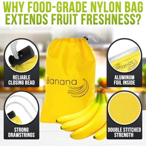 Banana Storage Bag – Banana Bags to Keep Bananas Fresh Longer, 13.7 x 11 inch Nylon Banana Keeper with Aluminum Lining, Reusable Banana Saver – Banana Bags to Prevent Ripening, Great for Home & Travel