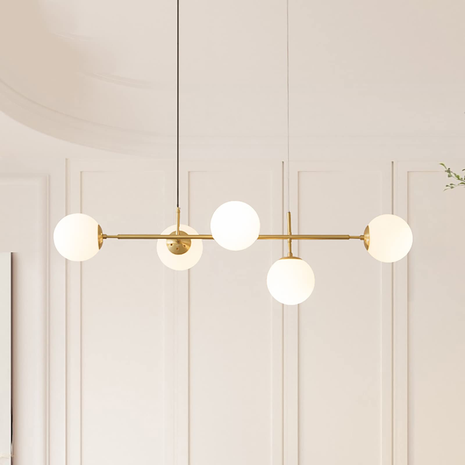 KXEcoLife Modern Mid century 6 Light Brushed Brass Chandelier with Glass Globes Ideal for Kitchen Island Stylish Pendant Fixture 110x40cm