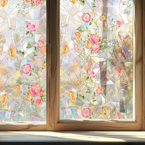 Window Privacy Film, Rainbow Flower And Plant Static Cling Decorative, Double...
